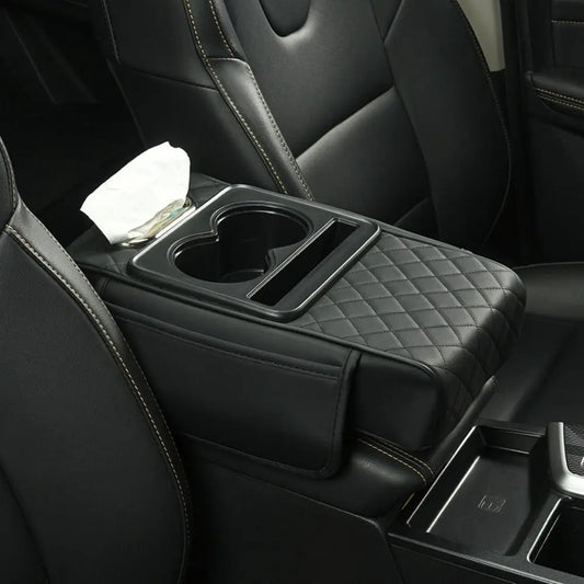 Car Armrest Cushion with Built-In Cup Holder & Tissue Box