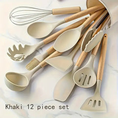 12pcs Non-Stick Silicone Kitchen Utensil Set with Wooden Handles