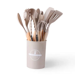12pcs Non-Stick Silicone Kitchen Utensil Set with Wooden Handles
