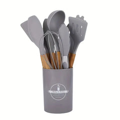 12pcs Non-Stick Silicone Kitchen Utensil Set with Wooden Handles