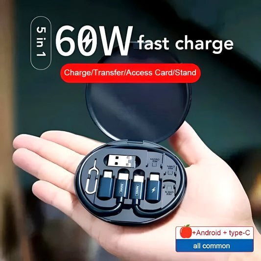 60W Multifunctional Fast Charging Data Cable Set – Portable 5-in-1 Charging Solution