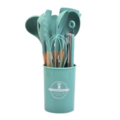 12pcs Non-Stick Silicone Kitchen Utensil Set with Wooden Handles