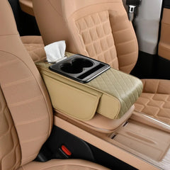 Car Armrest Cushion with Built-In Cup Holder & Tissue Box