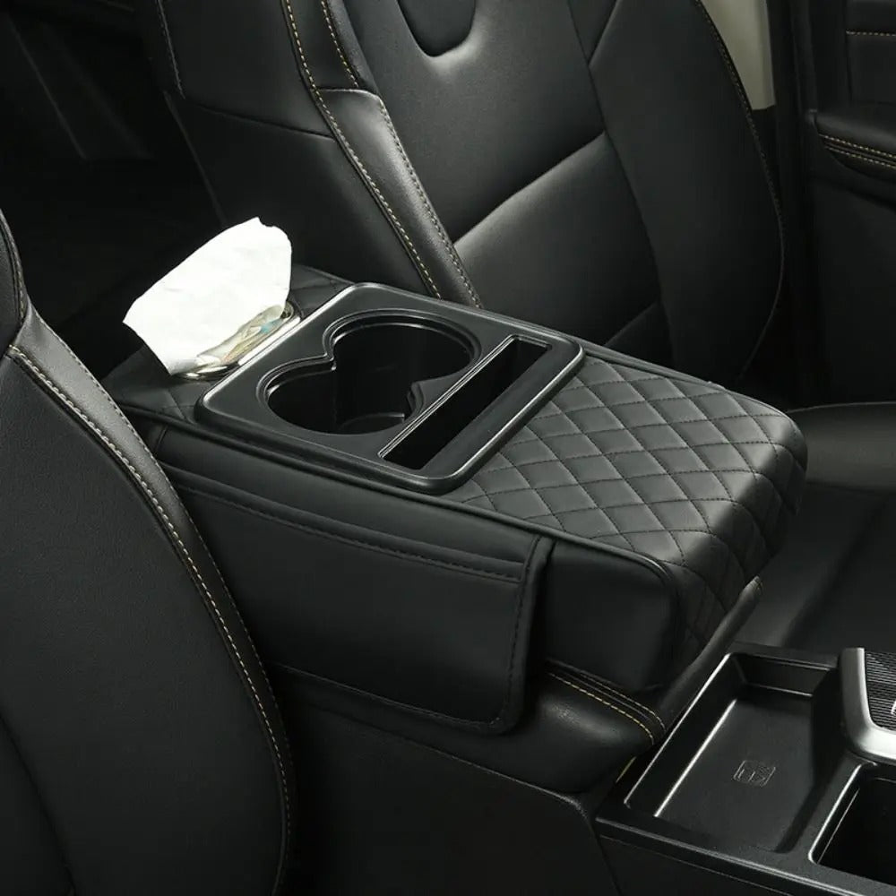 Car Armrest Cushion with Built-In Cup Holder & Tissue Box