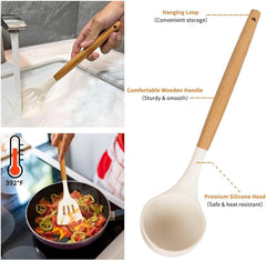 12pcs Non-Stick Silicone Kitchen Utensil Set with Wooden Handles